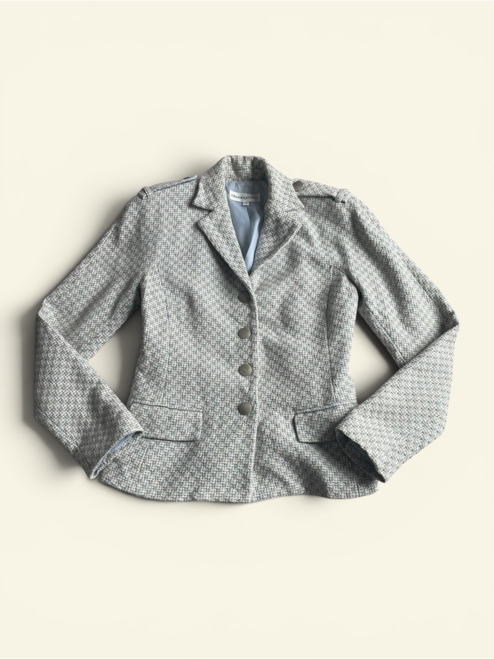 Vintage Y2K Bloomingdales Blue Tan Tweed Blazer Military Epaulets Jacket Size 4